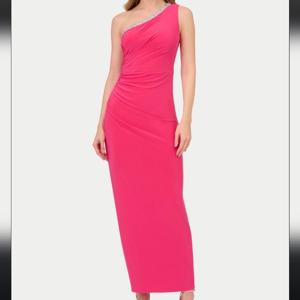 Adrianna PapellPetite One-Shoulder Jersey Gown Sz 4‎ W/ Rhinestone Trim